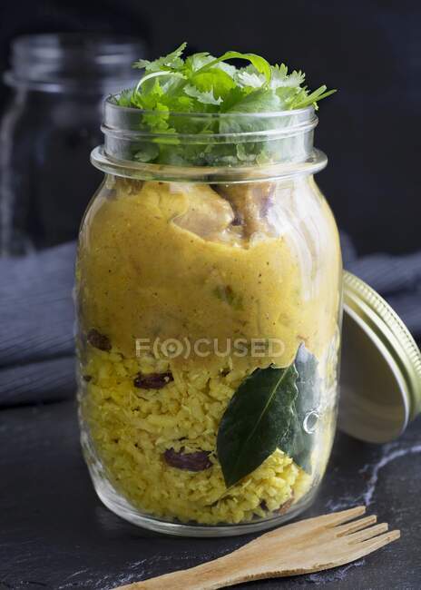 Cremoso curry de pollo malayo con cúrcuma, coco, canela y arroz con pasas. Coronado con un puñado de hojas frescas de cilantro. - foto de stock
