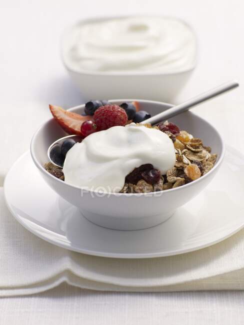 Muesli con yogurt e bacche serviti in ciotola con cucchiaio — Foto stock