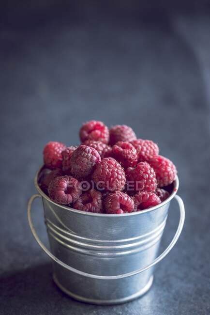 A small metal bucket of freshly picked raspberries — Stock Photo