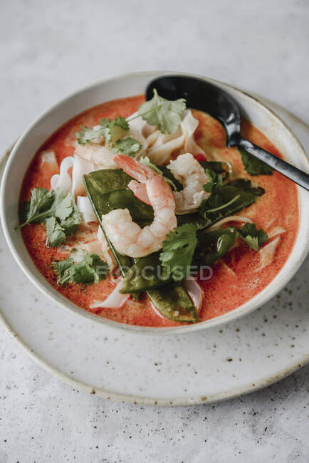 Carry soup with rice noodles, green beans, shrimps and fresh coriander — Stock Photo