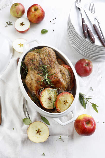 Roasted duck with apples, top view — Stock Photo