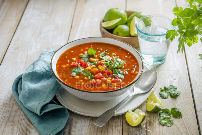 Coen mexicano picante e sopa de pimenta com limão e coentro — Fotografia de Stock