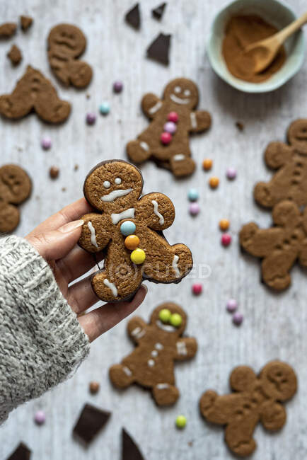 Decorated Gingerbread Cookies, female hand holding cookie — Stock Photo