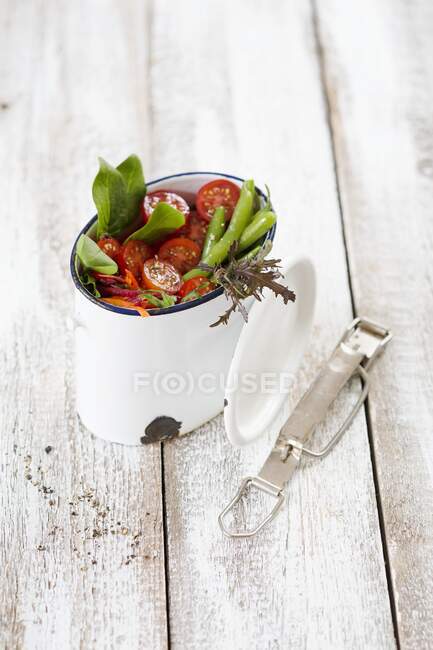 Salad with cocktail tomatoes, beans, carrots and beetroot in an enamel container — Stock Photo