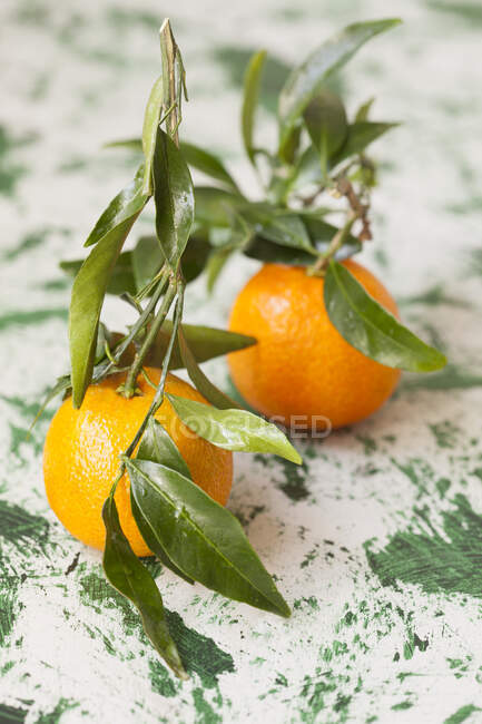 Fresh mandarins with leaves on rustic surface — Stock Photo