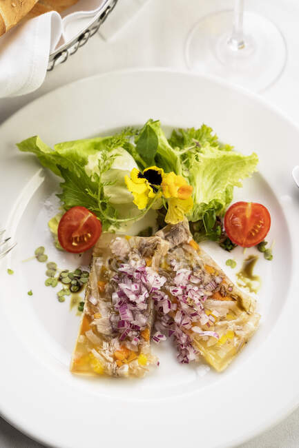 Tappo tondo in aspic con cipolle fresche e insalata — Foto stock