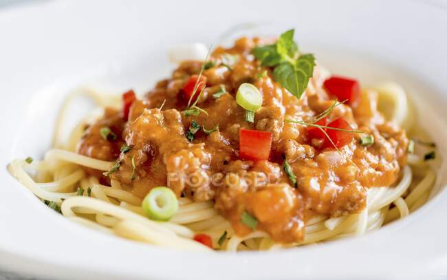Close up to bolognese sauce on spaghetti - foto de stock
