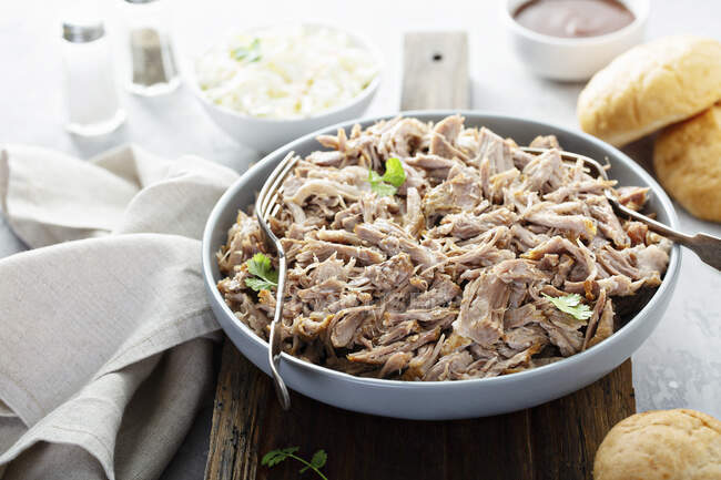Pulled pork on a platter with cole slaw and bbq sauce — Stock Photo