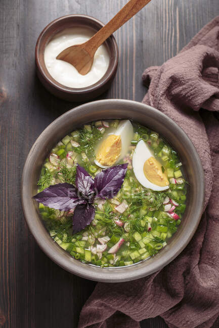 Холодный Окрошка суп с овощами, мясом, белым ржаным квасом и свежими травами (русский суп) — стоковое фото