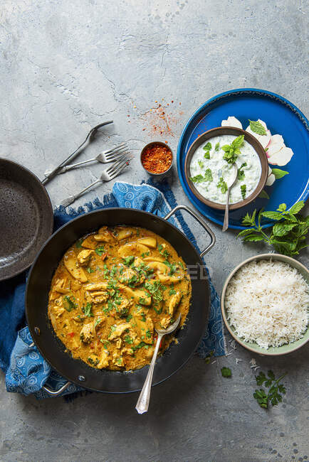 Keralan pollo al curry en leche de coco con patatas y cilantro, arroz y menta raita - foto de stock