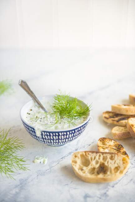 Gurken-Joghurt-Tzaziki mit gegrilltem Ciabatta — Stockfoto