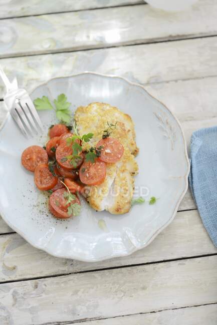 A fried redfish fillet with tomato salad — Stock Photo