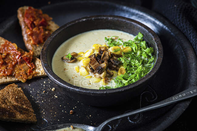 Indian mushroom soup with sweetcorn — Stock Photo