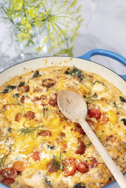 Creamy kamut with spinach and salmon — Stock Photo