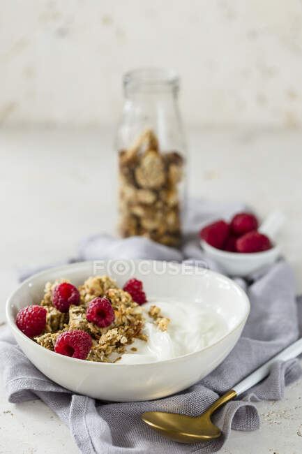 Гранола з йогуртом і малиною в мисці з старовинною ложкою — стокове фото