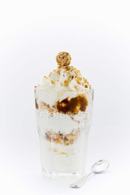 Yogur helado con pastel de nueces, salsa de nueces, avellanas y crema - foto de stock