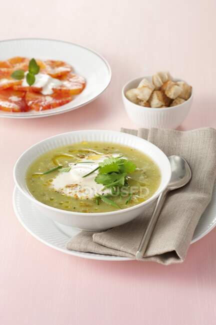 Vegetable soup with herbs and mozzarella — Stock Photo