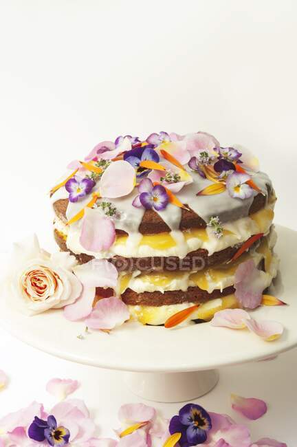 Layered lemon drizzle cake decorated with icing and edible flowers — Stock Photo