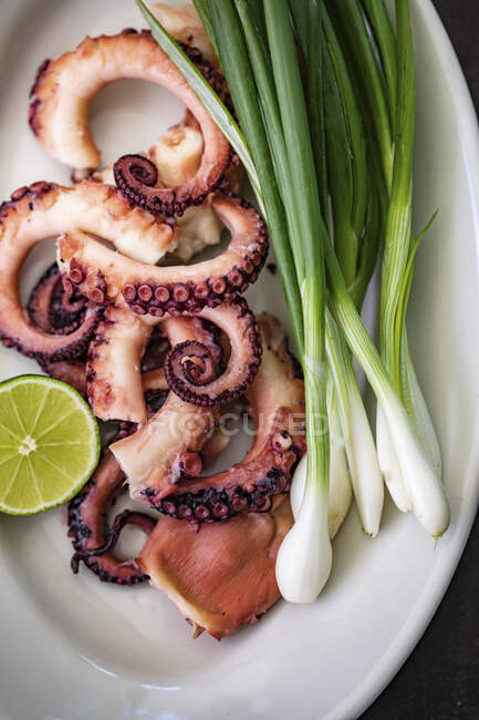 Grilled octopus with spring onions and limes — Stock Photo