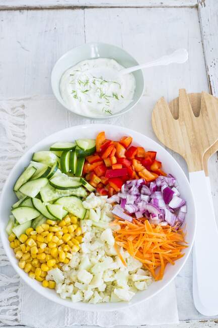 Chopped vegetables in bowl with dish of yoghurt and dill dressing — Stock Photo