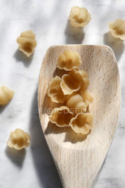 Conchas de macarrão não cozidas em uma colher de madeira — Fotografia de Stock