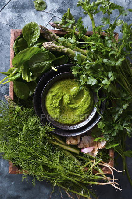 Green pesto with fresh herbs and asparagus — Stock Photo