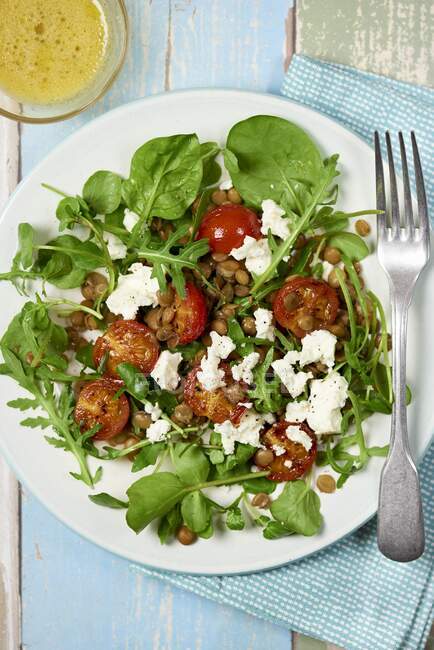 Mixed leaves salad with feta, lentils and cherry tomatoes — Stock Photo