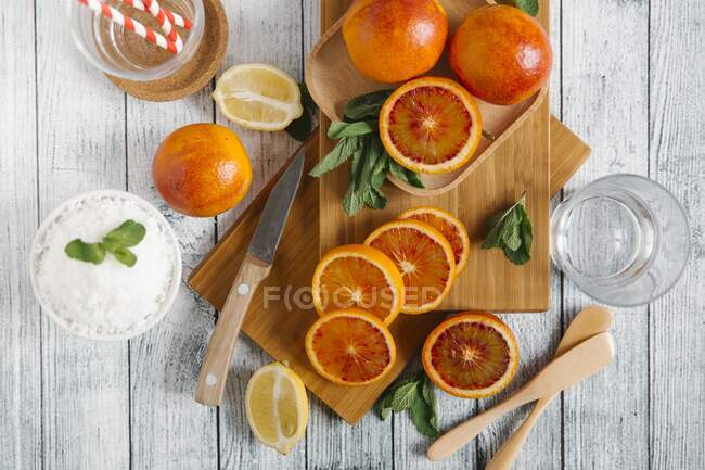 Ингредиенты и кухонные принадлежности для приготовления кровавых апельсиновых коктейлей — стоковое фото