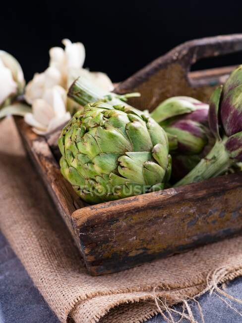Fresh artichokes in a rustic wooden tray — Stock Photo