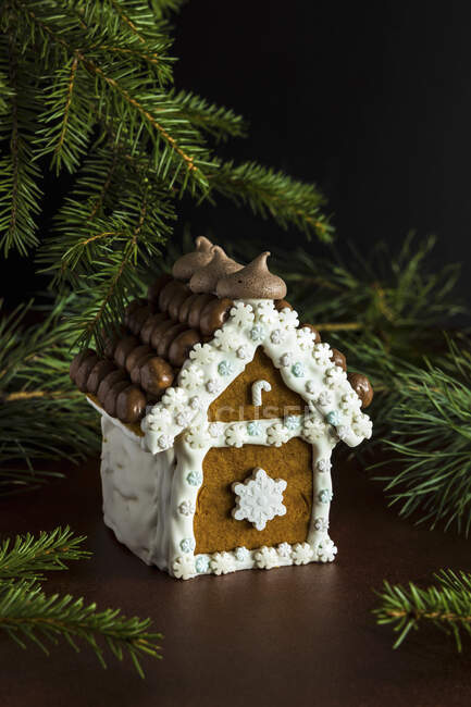 Maison en pain d'épice avec branches d'arbre de Noël sur un fond noir — Photo de stock