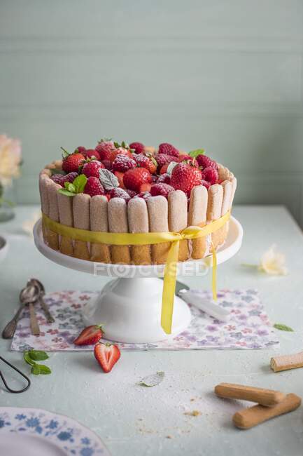 Charlotte framboise et fraise sur un stand de gâteau — Photo de stock