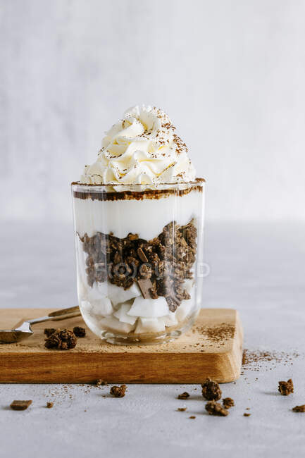 Chocolate granola with coconut and vanilla whipped cream trifle — Stock Photo