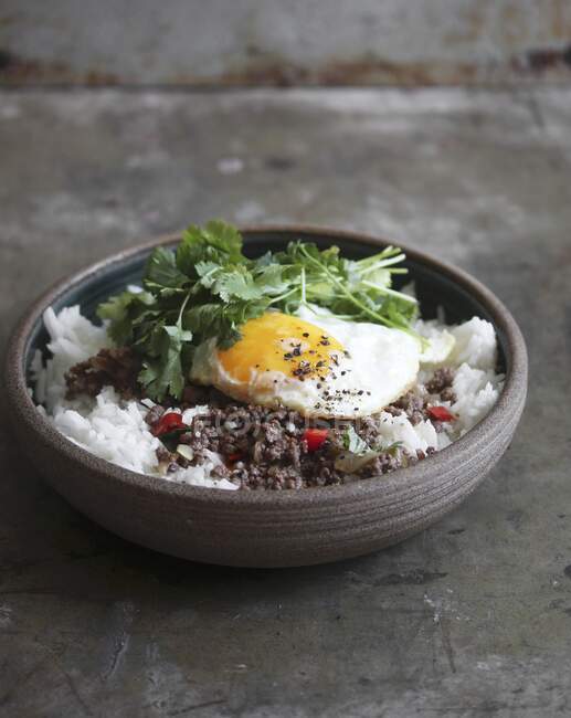 Rice and mince with coriander leaves and fried egg — Stock Photo
