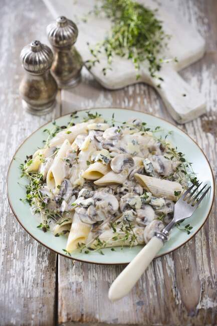Penne with mushroom sauce and thyme — Stock Photo