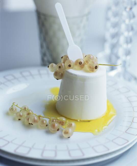 Panna cotta with white currants and a fruit sauce — Stock Photo