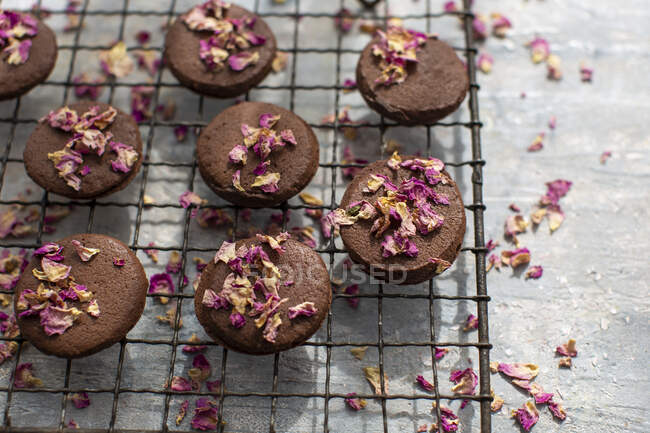Biscotti al cioccolato con petali di rosa secchi — Foto stock