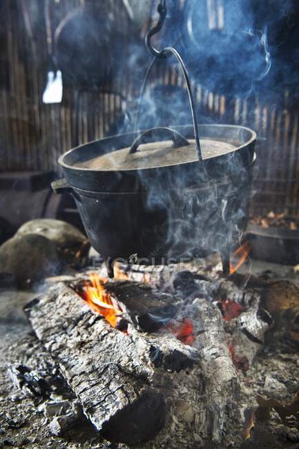 A Dutch oven over a camp fire — Stock Photo