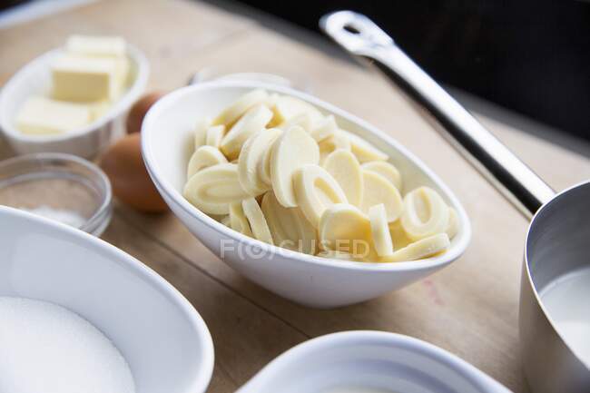 White couverture, butter, and sugar — Stock Photo
