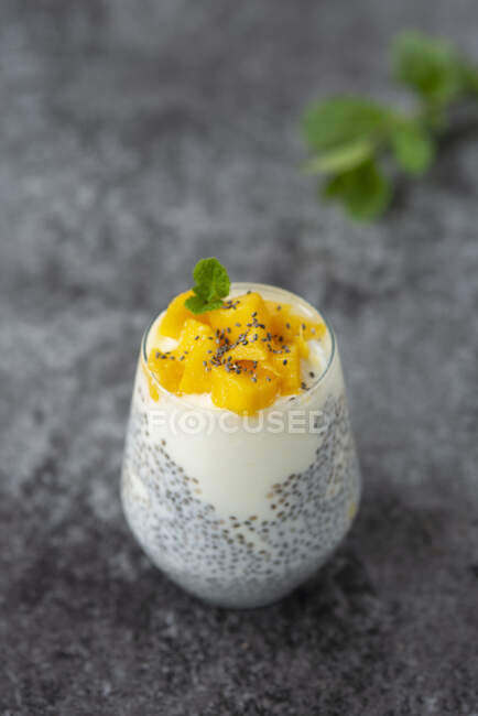 Pudín de yogur griego chía con mango - foto de stock