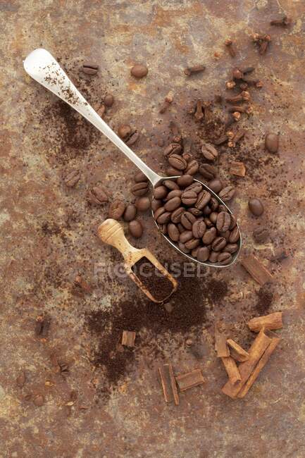 Granos de café, café molido y canela - foto de stock