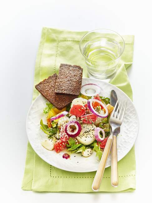 Салат из лакто ферментированных овощей, семян и цельнозернового хлеба — стоковое фото