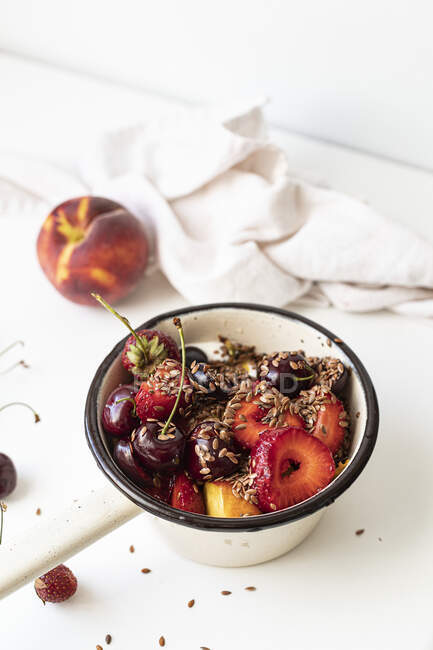 Breakfast of summer fruit with yoghurt, flax and chia — Stock Photo