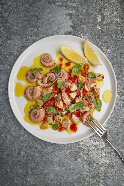 Marinated octopus in olive oil, red pepper, lemon and garlic — Stock Photo