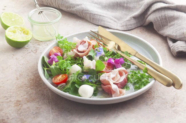 Wild herbs salad with ham and mozzarella — Stock Photo