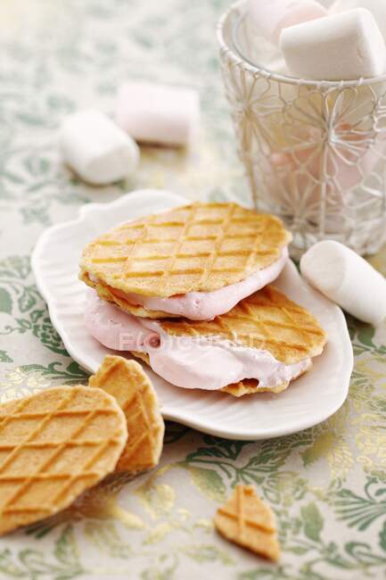Marshmallow-filled waffles on the plate — Stock Photo