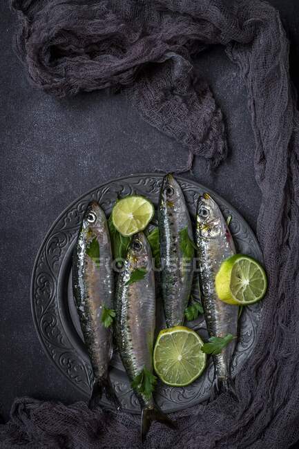 Sardines fraîches avec tranches de chaux sur une plaque métallique (vues d'en haut) — Photo de stock