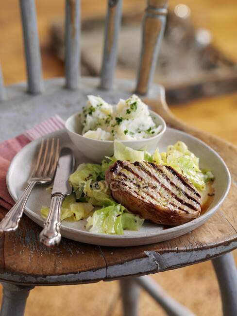 Marinated pork steak with lime, ginger and mustard and potatoes puree — Stock Photo