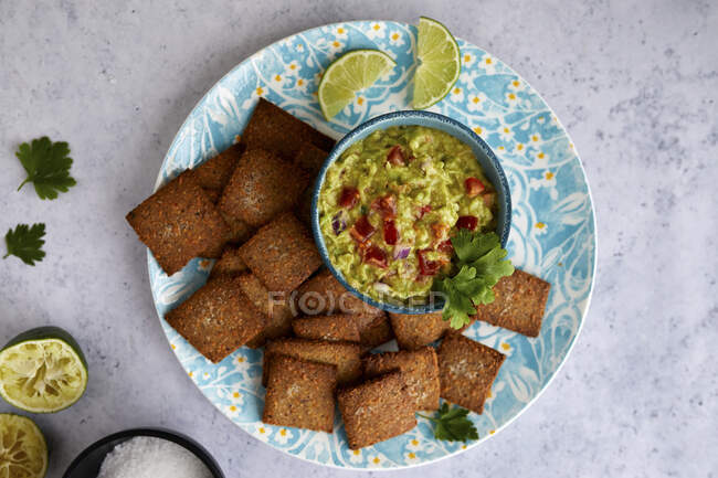 Guacamole and homemade crackers — Stock Photo
