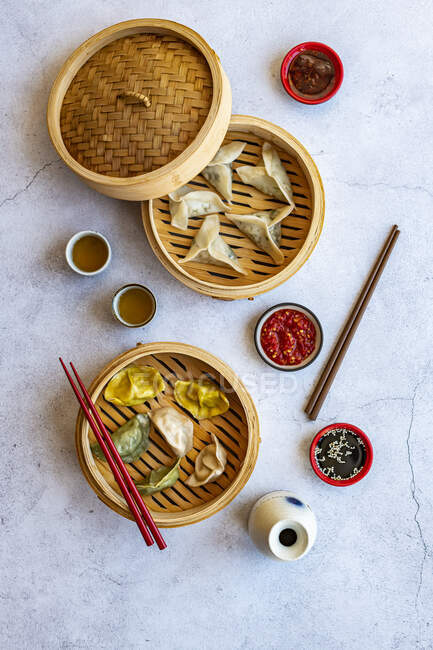 Prawns dumplings and colourful pot stickers — Stock Photo