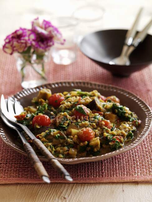Curry de lentilha com espinafre, beringelas e tomates — Fotografia de Stock